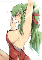 1girls arm_up armpits arms_up artist_name back bangs bare_arms bare_back bare_shoulders blush breasts closed_eyes dress female_only fire_emblem fire_emblem_awakening from_side green_eyes green_hair highres large_breasts long_hair nail_polish nintendo open_mouth pointy_ears ponytail profile red_dress red_nails sideboob simple_background sleepy solo strapless strapless_dress tiki_(adult)_(fire_emblem) tiki_(fire_emblem) tired vialnite waking_up white_background yawn yawning