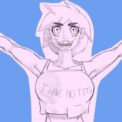 big_breasts cowboy_shot freesphinx large_breasts monochrome muscular short_hair simple_background sketch smile smiling tank_top text tomboy