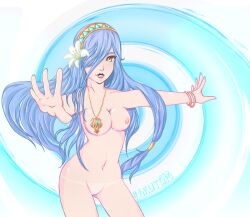 1girls akutom azura_(fire_emblem) bracelet female fire_emblem fire_emblem_fates flower hair_over_one_eye medium_breasts necklace nude one_eye_covered pussy solo source_request yellow_eyes