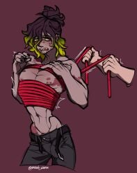 black_hair body_markings corset demon_slayer disembodied_hands facial_markings facial_piercing gradient_hair gyutaro hip_bones kimetsu_no_yaiba long_hair male male_only meat_worm muscular_male nipple_piercing offscreen_male rope rope_harness safe sharp_teeth solo_focus thin_waist tied_hair tied_up two_tone_hair unbuckled_belt uzui_tengen yaoi