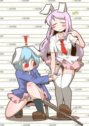 2020 2girls :3 animal_ears assisted_exposure black_panties blue_hair blush bunny_ears bunny_girl closed_eyes dagger gun kneeling loafers long_hair panties purple_hair red_eyes reisen reisen_udongein_inaba short_hair skirt skirt_lift socks standing tagme thighhighs touhou weapon white_panties zannnenn1