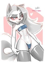 anthro blush blushing canine choker collar furry goth_girl gris_swimsuit heart helluva_boss jizoku long_hair looking_at_viewer loona_(helluva_boss) small_breasts sweat sweatdrop swimsuit thigh_highs thighhighs wolf_ears wolf_girl wolf_tail