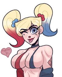 big_breasts blonde_hair bra breasts clown dc dc_comics harley_quinn melat0nin pixeltry teasing tongue_out transparent_background twintails wink