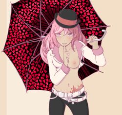 2022 akutom artist_name belt belts blush female hat hush_(rwby) large_breasts long_hair neo_(rwby) no_bra one_breast_out parasol pink_hair rwby shushing solo weapon wink