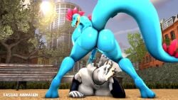 2girls 3d animated anthro anthro_only big_ass big_breasts bouncing_ass collar dinosaur evov1 female_only feraligatr indominus_rex jurassic_park kasdaq laying_down looking_at_viewer looking_back no_sound outdoors pokemon scalie spread_legs tail thick_thighs twerking v_sign video yuki_(evov1) yukigatr_(evov1)