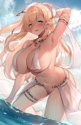 1girls all_fours armpits bangs bare_shoulders bikini blonde_hair blush bracelet breast_curtains choker cleavage collarbone day elf female green_eyes highres huge_breasts jewelry long_hair looking_at_viewer navel necklace open_mouth original outdoors pelvic_curtain revealing_clothes sky smile solo sora_72-iro swimsuit water wet