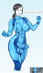 1futa abs big_breasts big_penis bodysuit breasts bulge clothed clothing clothing_skin condom_suit dialogue erection fully_clothed futa_only futanari genitalwear human humanoid humanoid_penis intersex looking_at_viewer muscular muscular_futanari nintendo nisetanaqa pale_skin penis samus_aran_(cosplay) solo standing tagme talking_to_viewer text thick_thighs tight_clothing white_skin wii_fit_trainer zero_suit