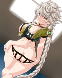 ass ass_cleavage asymmetrical_hair black_bra black_panties blush bra braid breasts butt_crack cupless_bra dd_(ijigendd) female hair_ornament highres indoors kantai_collection large_breasts long_hair looking_at_viewer looking_back panties silver_hair single_braid solo standing torn_clothes underwear unryuu_(kantai_collection) very_long_hair wavy_hair yellow_eyes