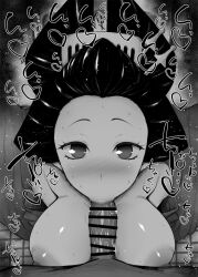 1boy 1girls :>= angry_dragon bar_censor bathroom big_breasts big_penis black_and_white blowjob blush censored dark-skinned_male dark_skin demon_slayer detailed_background dress drooling erect_nipple erect_nipples eyelashes fellatio female female_focus heart human indoor kimetsu_no_yaiba kimono koinatsu kurotama looking_at_viewer male male_pov monochrome nihongami oiran oral oral_sex saliva shiny_skin sound_effects squatting sweat text tied_hair vein veins veiny veiny_penis