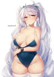 alternate_hairstyle arm_under_breasts blue_swimsuit blush breasts closed_mouth clothes_pull collarbone covered_navel covered_nipples cowboy_shot eyebrows_visible_through_hair female hair_ribbon highleg highleg_swimsuit jitome kantai_collection large_breasts long_hair looking_at_viewer one-piece_swimsuit pokoten_(pokoten718) ribbon shiny shiny_skin silver_hair simple_background skindentation solo speech_bubble standing strap_gap swimsuit swimsuit_pull thick_thighs thighhighs twintails undersized_clothes unryuu_(kantai_collection) very_long_hair white_background white_legwear yamaarashi yellow_eyes