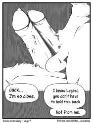 anthro balls beastars bird_dog bodily_fluids canid canine canis comic dialogue digital_media_(artwork) domestic_dog duo english_text erection frottage fur genital_fluids genitals hi_res humanoid_genitalia humanoid_penis hunting_dog jack_(beastars) labrador legoshi_(beastars) male male/male mammal nude penis retriever sex simple_background text wintersink