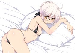 ahoge artoria_pendragon artoria_pendragon_(fate) ass bangs bare_shoulders bikini black_bikini blush braid breasts fate/grand_order fate_(series) female glasses grey_hair highres long_hair looking_at_viewer medium_breasts micro_bikini mysterious_heroine_x_(alter) namonashi solo swimsuit thighs yellow_eyes