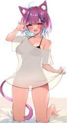 :d animal_ear_fluff animal_ears bangs bare_legs barefoot bikini bikini_under_clothes black_bikini blue_hair blue_nails blush bow braid cat_ears claw_pose commentary_request extra_ears eyebrows_visible_through_hair female full_body hair_ornament hairbow halter_top halterneck hand_up highres hololive hololive_gen_2 hololive_japan kneeling looking_at_viewer minato_aqua multicolored_hair nail_polish pink_eyes pink_hair purple_bow rei_(rei_9146) see-through_silhouette shark_hair_ornament short_hair simple_background smile solo string_bikini swimsuit two-tone_hair virtual_youtuber white_background