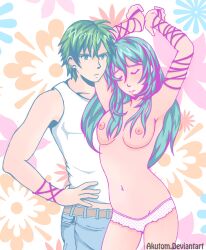 1boy 1girls akutom arms_up blue_hair closed_eyes eirika_(fire_emblem) ephraim_(fire_emblem) fire_emblem fire_emblem:_the_sacred_stones frown green_hair hand_on_hip jeans long_hair medium_breasts nintendo short_hair source_request straight topless white_shirt