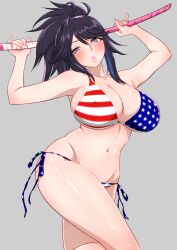 1girls american_flag american_flag_bikini bikini black_hair blue_eyes blush breasts cleavage female female_only flag_print highres hokke_(fryinghokke) indie_virtual_youtuber katana kson_onair large_breasts navel ponytail scabbard sheathed solo stomach swimsuit sword virtual_youtuber vshojo weapon youtube