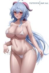 abp_art blue_hair cameltoe fit_female ganyu_(genshin_impact) genshin_impact horns huge_breasts long_hair micro_bikini red_eyes voluptuous