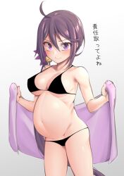 ahoge akebono_(kantai_collection) alternate_breast_size bell big_belly bikini black_bikini blush breasts closed_mouth collarbone cowboy_shot eyebrows_visible_through_hair female flower groin hair_bell hair_between_eyes hair_flower hair_ornament highres holding holding_towel jingle_bell kantai_collection large_breasts long_hair looking_at_viewer navel pink_flower pregnant purple_eyes purple_hair side_ponytail simple_background smile solo swimsuit towel translated very_long_hair yuki_to_hana