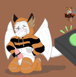 1boy bottomless furred_dragon hands_behind_back hands_tied hoodie male male_only penis reference_image roblox roblox_avatar robloxian thighhighs vibrator white_fur worried_look