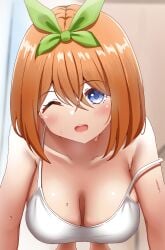 absurdres bangs bare_shoulders blue_eyes blurry blurry_background breasts camisole collarbone commentary crossed_bangs exercise eyebrows_visible_through_hair female go-toubun_no_hanayome green_ribbons hair_between_eyes hair_ribbon hanging_breasts highres large_breasts looking_at_viewer medium_hair nakano_yotsuba off_shoulder one_eye_closed open_mouth orange_hair poa_mellhen push-ups ribbon shiny shiny_hair solo strap_slip sweat teeth upper_teeth white_camisole