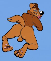 anthro anus blue_background blue_eyes bottomless brown_fur bundog canine dex_dogtective foodfight! furry hat looking_back male male_only pawpads solo tail tongue_out