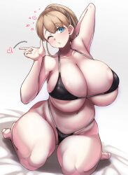 areola_slip areolae belly bikini black_bikini blue_eyes blush breasts brown_hair bursting_breasts cleavage collarbone curvy female highres huge_breasts intrepid_(kantai_collection) kantai_collection konoshige_(ryuun) large_areolae looking_at_viewer mature_female micro_bikini navel partially_visible_vulva plump ponytail ryuun_(stiil) short_hair skindentation solo stomach swimsuit thick_thighs thighs underboob wide_hips