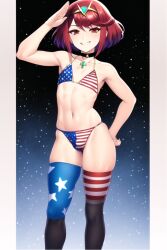 1boy ai_generated american_flag american_flag_bikini american_flag_legwear androgynous bulge choker femboy feminine_male from_below genderswap_(ftm) girly hair_ornament hand_behind_head looking_down male_only nervous_smile otoko_no_ko panty_bulge partially_submerged pyra robofun rule_63 salute sissy splashing stable_diffusion swimsuit swimwear tiara trap twink water xenoblade_(series) xenoblade_chronicles_2