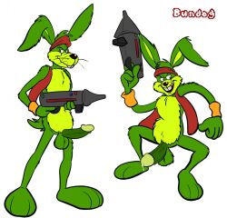 anthro bundog bunny erection furry green_fur gun headband jackrabbit jazz_jackrabbit jazz_jackrabbit_(series) male male_only open_mouth precum rabbit solo vest whiskers wristband