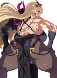 1girls absurdres armor ass back bangs bare_shoulders barghest_(gawain)_(fate) big_ass big_breasts black_dress black_gloves blonde_hair breasts brown_legwear chains dress earrings elbow_gloves fate/grand_order fate_(series) female gauntlets gloves highres horns j.h. jewelry large_breasts long_hair looking_at_viewer looking_back muscular_female pantyhose pauldrons pelvic_curtain red_eyes shoulder_armor sideboob single_gauntlet single_pauldron squatting thick_ass thick_thighs thighs toned