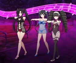 3girls absurd_res black_hair blue_eyes bustier celestia_ludenberg commission crossover danganronpa dungeon_ni_deai_wo_motomeru_no_wa_machigatteiru_darou_ka empty_eyes female female_only hestia_(danmachi) high_heels high_school_dxd hypnosis hypnotic_music jimryu lingerie mind_control multiple_girls negligee pink_eyes red_eyes see-through serafall_leviathan straight_hair twintails zombie_walk