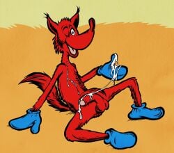 anthro blue_gloves blue_socks bundog cum dr_seuss fox_in_socks furry gloves male masturbation open_mouth red_fur socks solo tail vulpine wink