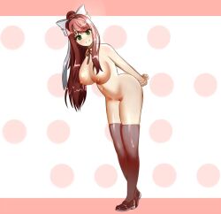 big_breasts breast breasts brown_hair brown_legwear cute doki_doki_literature_club female female_focus female_only green_eyes hairbow heart long_hair looking_at_viewer monika_(doki_doki_literature_club) nipples nipples_exposed ponytail smiling smiling_at_viewer solo thick_thighs thighhighs white_bow