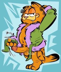 2022 anthro bottomless clothed clothing domestic_cat english_text erection exhibitionism felid feline felis fur garfield_(series) garfield_the_cat genitals hi_res looking_at_viewer male male_only mammal naughty_face onomatopoeia orange_body orange_fur orange_penis partially_clothed penis presenting pubes robe sensual smile smirk solo sound_effects standing text the-alfie-incorporated two_tone_tail