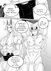 abs arataki_itto black_and_white english_text fingerless_gloves genshin_impact haimanga horns loincloth monochrome multiple_boys muscles muscular muscular_arms muscular_chest muscular_male muscular_thighs pecs pectorals thoma_(genshin_impact) underwear