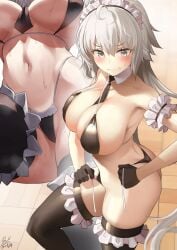 1girls 2022 ahoge ass black_bikini blush breasts cleavage detached_collar embarrassed fate/grand_order fate_(series) female female_only flustered hips huge_breasts jeanne_alter large_ass long_hair maid maid_bikini maid_headdress maid_outfit necktie necktie_between_breasts pale-skinned_female pale_skin simple_background skindentation slim_waist thick_thighs thighhighs thighs uo_denim wardrobe_malfunction white_background white_hair wide_hips yellow_eyes