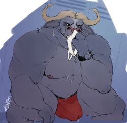 2022 anthro arkanoego belly big_bulge big_muscles blue_background bodily_fluids bovid bovine bulge cape_buffalo chief_bogo clock disney english_text fur furry genital_fluids hi_res holding_clothing holding_object holding_underwear horn huge_muscles inside jockstrap locker_room male male_focus male_only male_solo mammal musclegut muscular muscular_anthro muscular_male narrowed_eyes nipples pecs precum precum_through_clothing precum_through_jockstrap precum_through_underwear profanity signature simple_background sitting smile sniffing solo solo_male text thick_thighs tuft underwear underwear_sniffing watch wet wet_clothing zootopia zootropolis