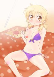 absurdres beach bikini blonde_hair blush breasts brown_eyes commission commissioner_upload dard_drak female flashing hidamari_sketch highres long_hair looking_at_viewer miyako nipples one_breast_out purple_bikini side-tie_bikini sitting smile solo spread_legs swimsuit