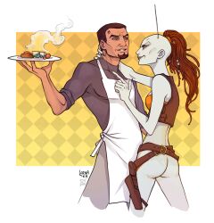 1boy 1boy1girl 1girls apron ass aurra_sing bra chef_uniform clone_trooper clone_wars clothed clothed_male_partially_nude_female clothing cooked_food female fives_(star_wars) forehead_tattoo goatee lorna-ka male partially_clothed ponytail star_wars star_wars:_the_clone_wars waist_belt