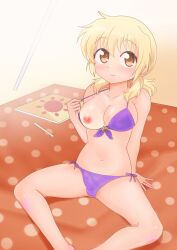 1futa absurdres beach bikini blonde_hair blush breasts brown_eyes bulge clothed clothing commission commissioner_upload dard_drak elbow_gloves erection erection_under_clothes flashing futa_only futanari hidamari_sketch highres human light-skinned_futanari light_skin long_hair looking_at_viewer miyako nipples one_breast_out pale_skin penis purple_bikini side-tie_bikini sitting smile solo spread_legs swimsuit tan