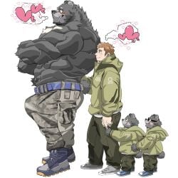 abs anthro belt big_bulge big_muscles black_body black_fur blush boots bottomwear brown_hair bulge cargo_pants chan_kiti_chan_(artist) clothing crescent_(shape) eyewear family fangs father father_and_child father_and_son footwear fur glasses group hair hand_holding heart hi_res hoodie human human_on_anthro interspecies larger_anthro male male/male mammal muscular muscular_anthro muscular_male pants parent parent_and_child pecs ring romantic romantic_couple shirtless size_difference smaller_human son topwear ursid young