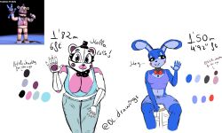 accessory animatronic anthro bent_over big_breasts black_nose blue_body bow_tie breasts buckteeth clothed clothing desesperadoleon duo english_text female five_nights_at_freddy's five_nights_at_freddy's:_sister_location funtime_freddy_(fnafsl) greeting hat headgear headwear hi_res lagomorph leporid long_ears machine mammal metal open_mouth pink_body puppet_bonnie_(fnafsl) purple_inner_ear robot scottgames sister_location sitting teeth text ursid ursine video_games white_body