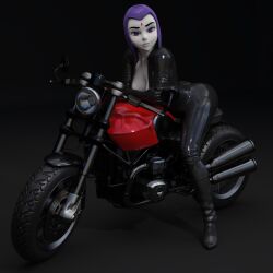 1girls 3d 3d_(artwork) big_ass big_breasts big_butt boots breasts catsuit daz3d daz_studio dc dc_comics female female_only forehead_jewel latex leather motorcycle pin3d purple_hair rachel_roth raven raven_(dc) teen_titans