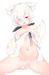 albino animal_ear_fluff animal_ears black_ribbon blush breasts clothes_lift commentary_request covering covering_crotch eyebrows_visible_through_hair eyes_visible_through_hair female fox_ears fox_girl fox_tail hair_ribbon highres lifted_by_self long_hair looking_at_viewer low_ponytail naughty_face navel nipples otokuyou red_eyes ribbon simple_background small_breasts solo tail tongue tongue_out white_background white_hair