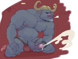 2022 anthro arkanoego belly big_muscles big_penis bodily_fluids bovid bovine breath bulge cape_buffalo chief_bogo clock closed_eyes cum cumshot disney ejaculation erection foreskin fur furry genital_fluids genitals hi_res horn huge_muscles humanoid_genitalia humanoid_penis inside jockstrap jockstrap_aside kneeling locker_room male male_only mammal masturbation musclegut muscular muscular_anthro muscular_male navel nipples pecs penile penile_masturbation penis red_background signature simple_background smile solo tuft underwear underwear_aside watch zootopia zootropolis