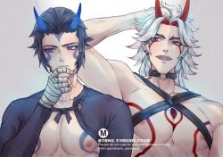 2boys arataki_itto blue_eyes genshin_impact horns minoru_uwutemp muscles red_eyes takuya_(genshin_impact) tattoo yaoi