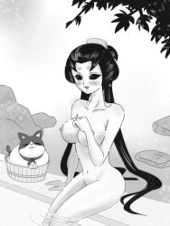 1girls bathhouse big_breasts black_hair blush breasts feline geisha identity_v irika283 long_hair michiko monochrome navel nihongami nipples nude nude_female smiling solo solo_female solo_focus