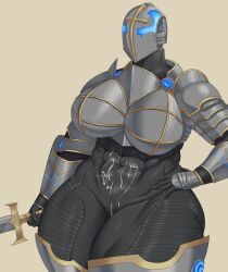 1girls abs armor big_breasts bodysuit breast_armor breastplate british crotch_zipper cum cum_on_abs futuristic_armor gauntlets glowing_armor goldcrustedchicken hand_on_hips hellgate_london helmet holding_sword holding_weapon human knight large_female lotion masked masked_female muscular muscular_female pauldrons sword templar thick thick_thighs tight_bodysuit