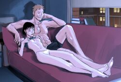 au_(artist) black_hair breasts couple erection erection_under_clothes legs nipples white_panties