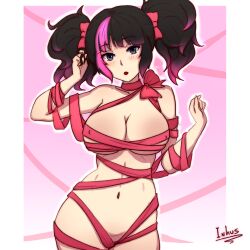 1girls bangs black_hair blush bow breasts covered_nipples female gradient gradient_background hairbow hand_in_hair inhus large_breasts lipstick looking_at_viewer makeup naked_ribbon navel original pink_hair ribbon solo twintails two_tone_hair