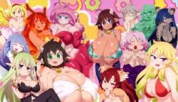 :3 absurdres ahoge aloe_(ishuzoku_reviewers) animal_ears animal_hands antenna_hair bell big_breasts bikini blonde_hair blue_eyes blue_hair blush breasts breasts_bigger_than_head breasts_focus brown_hair cat_ears cat_girl cat_paws cow_ears cow_girl cow_horns cowbell eldley_(ishuzoku_reviewers) eldri elf elf_female elma_(ishuzoku_reviewers) elza_(ishuzoku_reviewers) fairy fairy_girl fairy_wings feathered_wings female_minotaur fur furry_intersex gigantic_breasts green_eyes halfling_female harpy_girl highres horns hyena_girl ishuzoku_reviewers long_hair looking_at_viewer lymee mii_(ishuzoku_reviewers) milky_(ishuzoku_reviewers) minotaur minotaur_girl monster_girl multiple_girls octopus_girl official_art okpa okpa_(ishuzoku_reviewers) open_mouth piltia pink_hair pipe pointy_ears purple_eyes salamander_girl scylla slime_girl slimy slutty_outfit smile suction_cups swimsuit tan tentacle tentacles tiaplate wings yellow_eyes