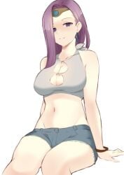 1girls alternate_costume bare_thighs blue_eyes breasts cleavage earrings female female_only fire_emblem fire_emblem_echoes:_shadows_of_valentia large_breasts long_hair looking_at_viewer nintendo purple_hair ryumi-gin shorts sitting smile solo sonya_(fire_emblem) thighs white_background